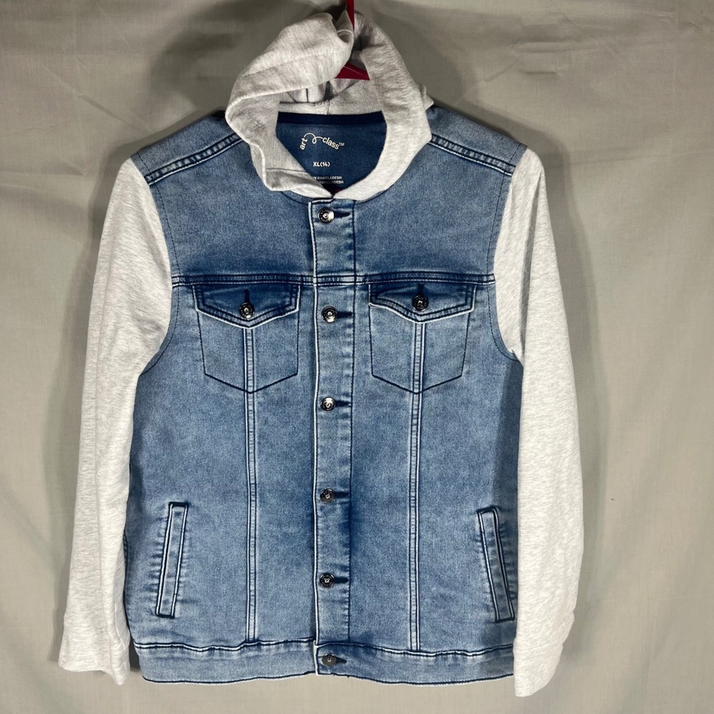 Art Class Denim Jacket Hooded Mixed Media Blue Gray Boys XL 14